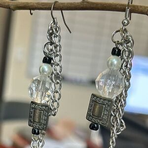 Silver and Black Chain Bead Earrings, OS